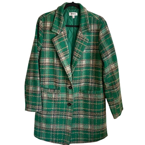 &Merci Plaid Knit Coat Collar Notched Lapel Sz L Lined Pockets Preppy Academia - Picture 1 of 11